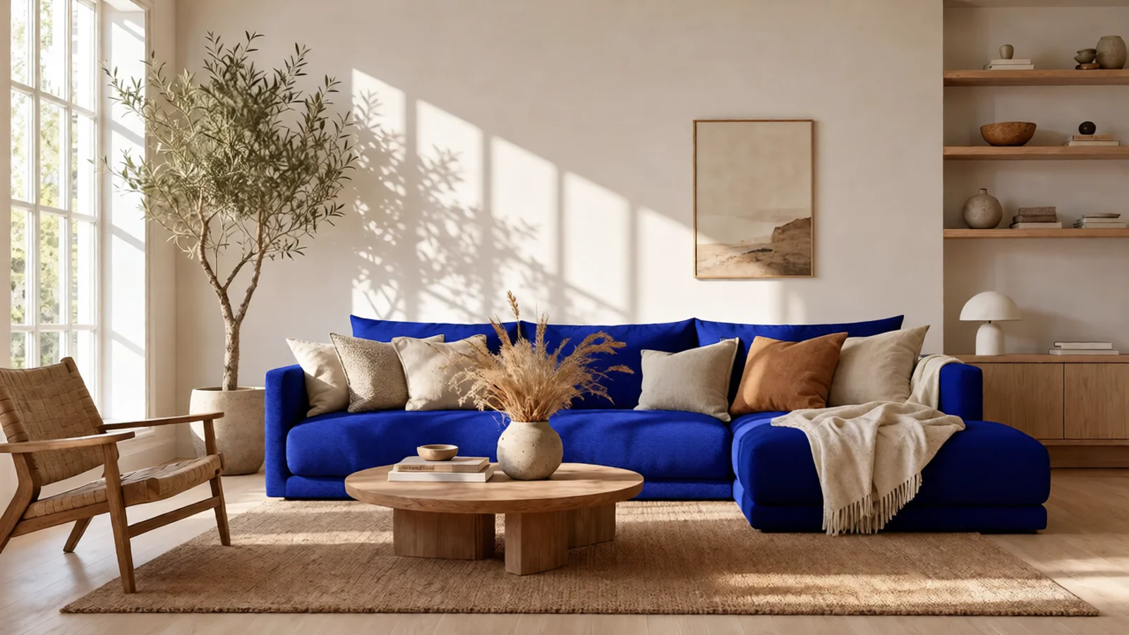 A sunlit living room with the sofa upholstery changed to cobalt blue