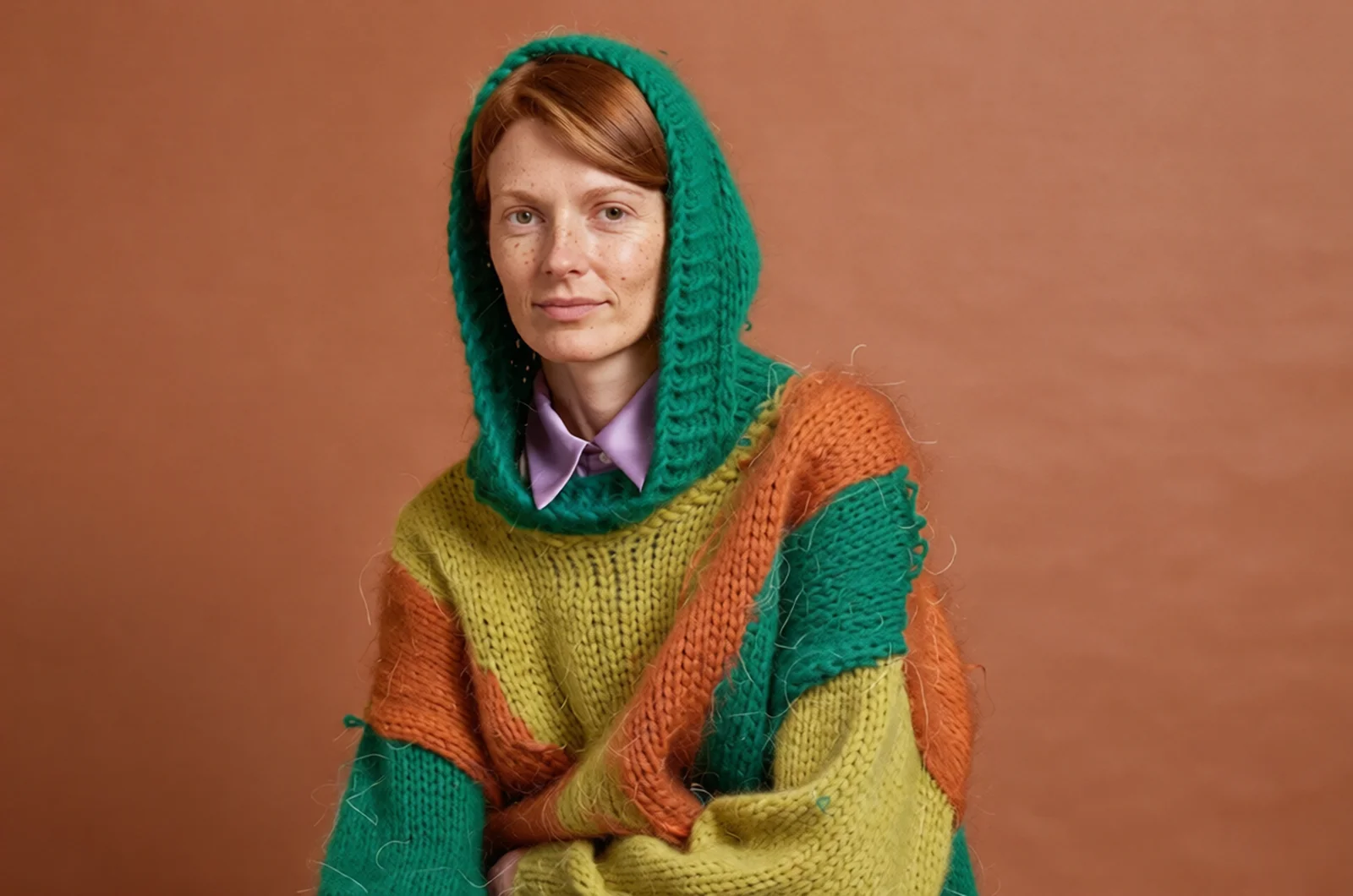 An editorial portrait with a knitted hood recolored in fern green