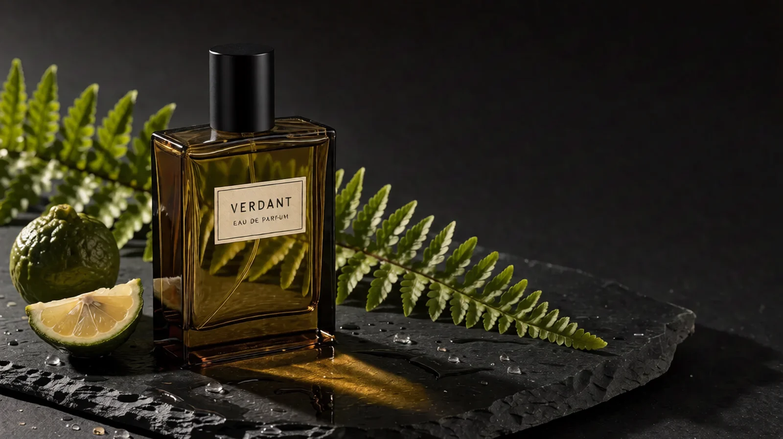 An amber perfume bottle with a black metal cap on dark stone