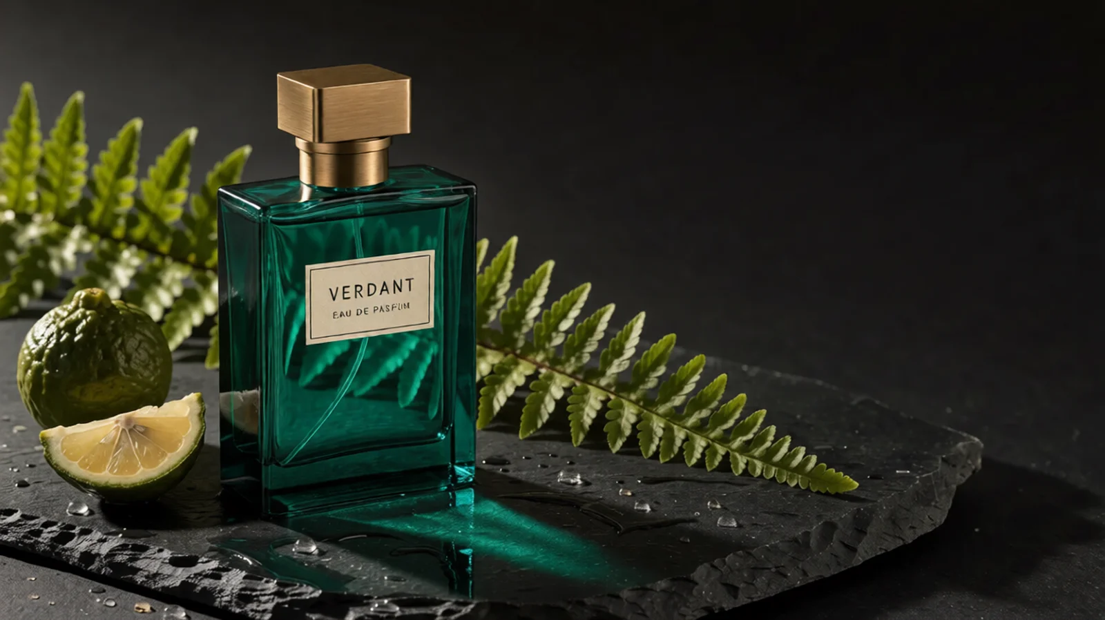 An emerald-green glass variant of the same botanical perfume scene