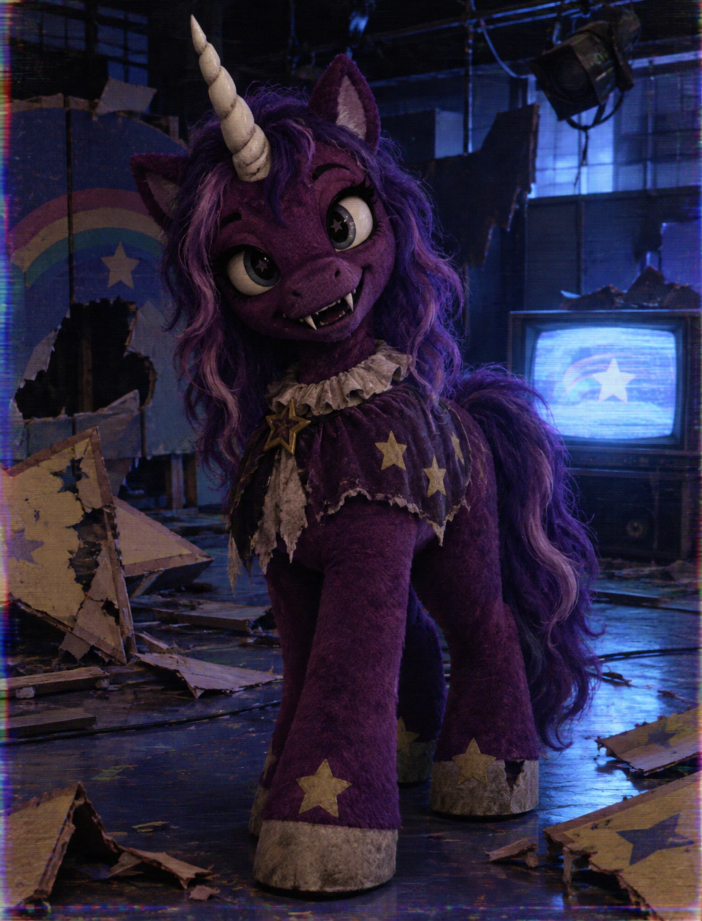Plum unicorn in a ruined studio
