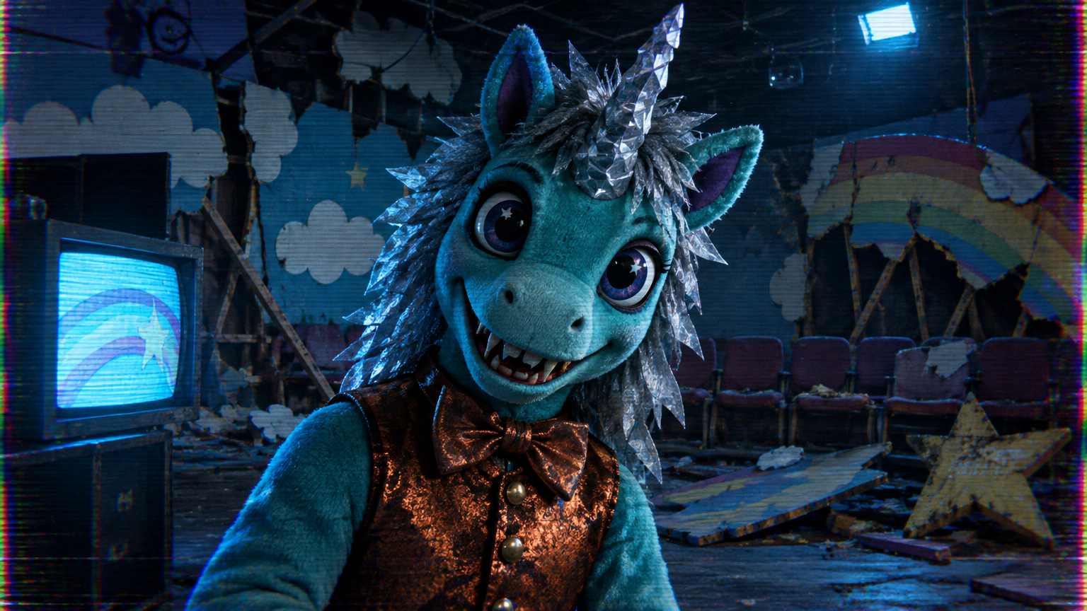 Turquoise puppet in cinematic light